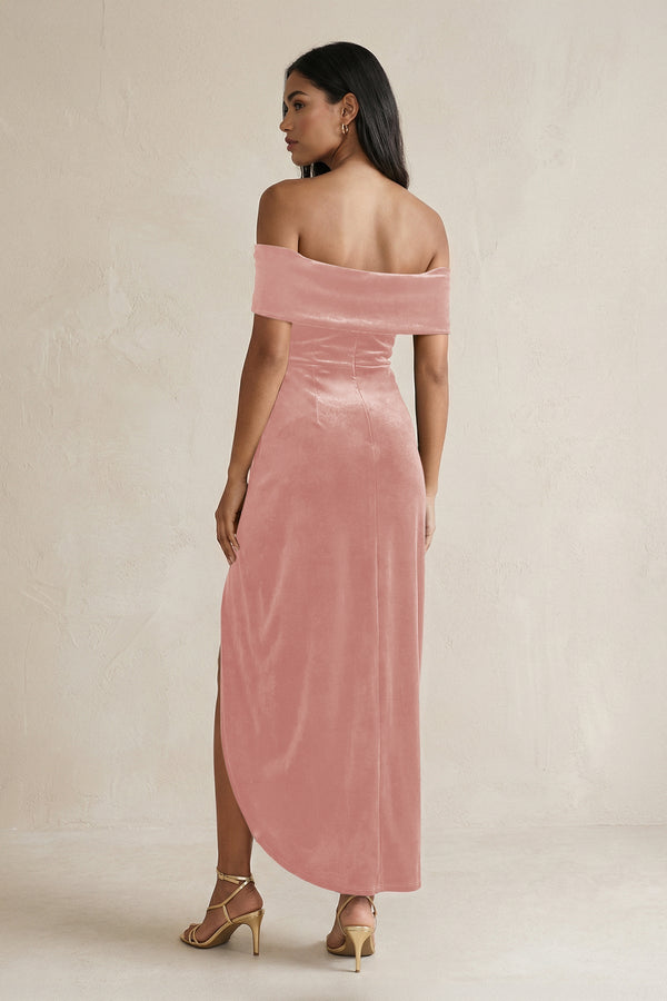 Off - the - Shoulder Sheath Velvet Midi Bridesmaid Dress in Rose Petal - KissProm Bridesmaid Dresses