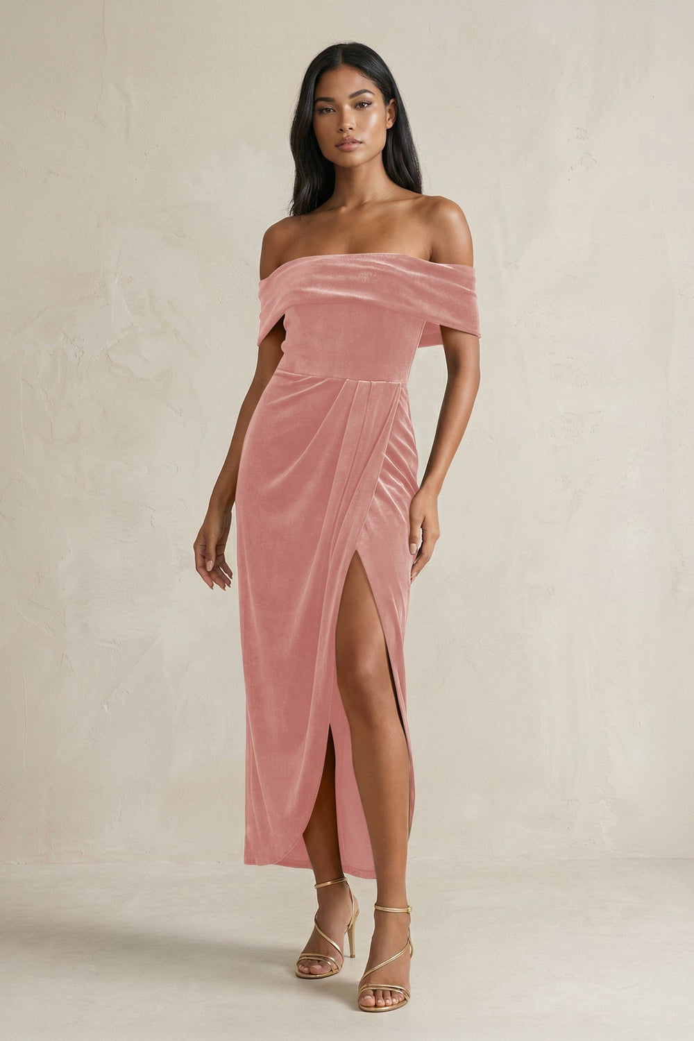 Off - the - Shoulder Sheath Velvet Midi Bridesmaid Dress in Rose Petal - KissProm Bridesmaid Dresses