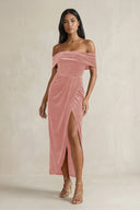 Off - the - Shoulder Sheath Velvet Midi Bridesmaid Dress in Rose Petal - KissProm Bridesmaid Dresses