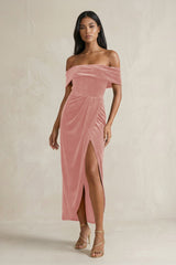 Off - the - Shoulder Sheath Velvet Midi Bridesmaid Dress in Rose Petal - KissProm Bridesmaid Dresses