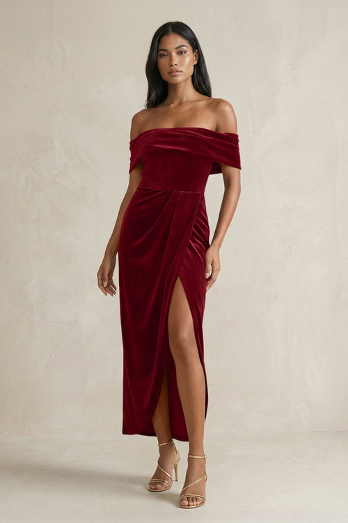 KissProm | Off-the-Shoulder Sheath Velvet Midi Bridesmaid Dress in Rosewood KissProm | Off-the-Shoulder Sheath Velvet Midi Bridesmaid Dress in Rosewood