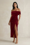 Off - the - Shoulder Sheath Velvet Midi Bridesmaid Dress in Rosewood - KissProm Bridesmaid Dresses