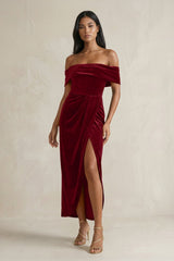 Off - the - Shoulder Sheath Velvet Midi Bridesmaid Dress in Rosewood - KissProm Bridesmaid Dresses