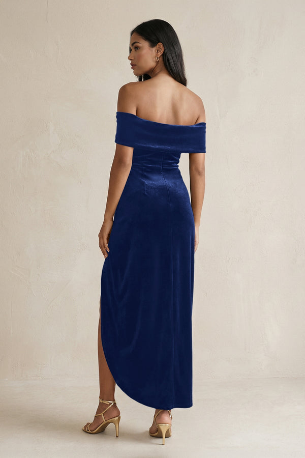 KissProm | Off-the-Shoulder Sheath Velvet Midi Bridesmaid Dress in Royal Blue KissProm | Off-the-Shoulder Sheath Velvet Midi Bridesmaid Dress in Royal Blue