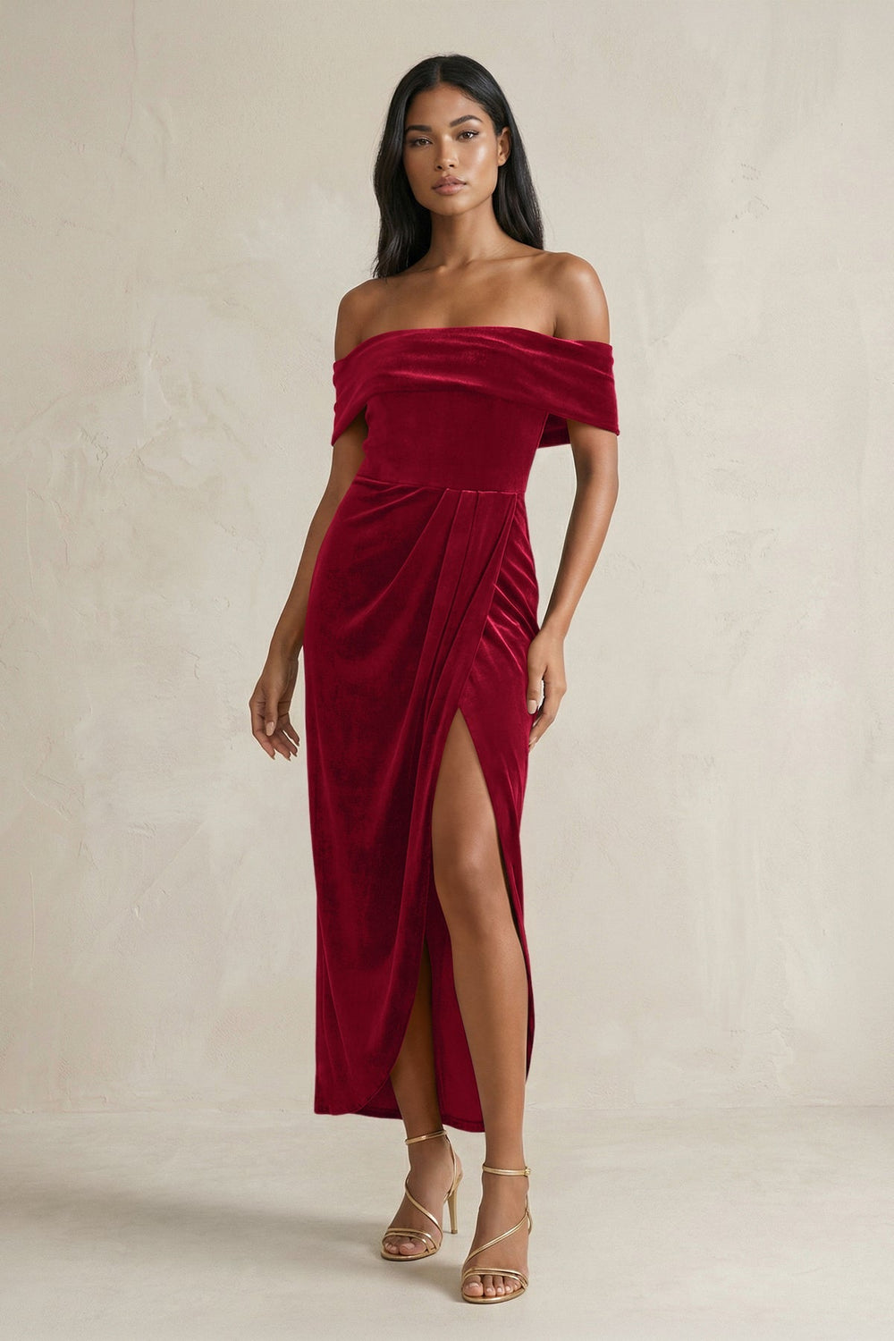 Off - the - Shoulder Sheath Velvet Midi Bridesmaid Dress in Ruby Red - KissProm Bridesmaid Dresses
