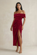 Off - the - Shoulder Sheath Velvet Midi Bridesmaid Dress in Ruby Red - KissProm Bridesmaid Dresses