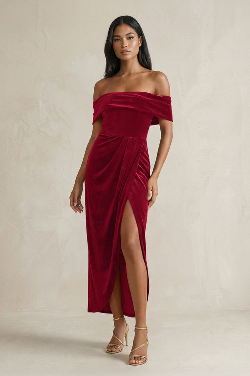 Off - the - Shoulder Sheath Velvet Midi Bridesmaid Dress in Ruby Red - KissProm Bridesmaid Dresses