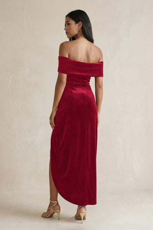 Off - the - Shoulder Sheath Velvet Midi Bridesmaid Dress in Ruby Red - KissProm Bridesmaid Dresses