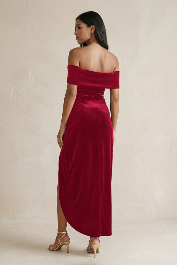 Off - the - Shoulder Sheath Velvet Midi Bridesmaid Dress in Ruby Red - KissProm Bridesmaid Dresses