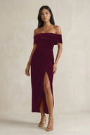 Off - the - Shoulder Sheath Velvet Midi Bridesmaid Dress in Sangria - KissProm Bridesmaid Dresses