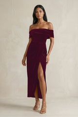 Off - the - Shoulder Sheath Velvet Midi Bridesmaid Dress in Sangria - KissProm Bridesmaid Dresses