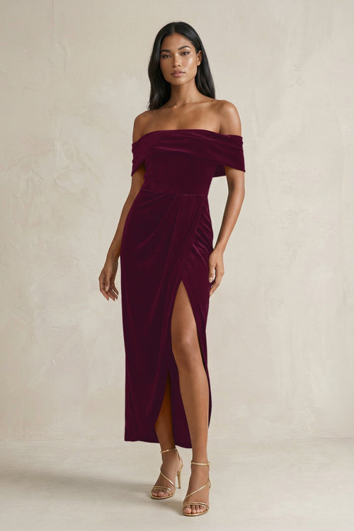 sangria midi dress Off-the-Shoulder Sheath Velvet Midi Bridesmaid Dress in Sangria