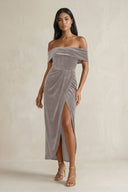 Off - the - Shoulder Sheath Velvet Midi Bridesmaid Dress in Silver - KissProm Bridesmaid Dresses