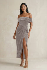 Off - the - Shoulder Sheath Velvet Midi Bridesmaid Dress in Silver - KissProm Bridesmaid Dresses