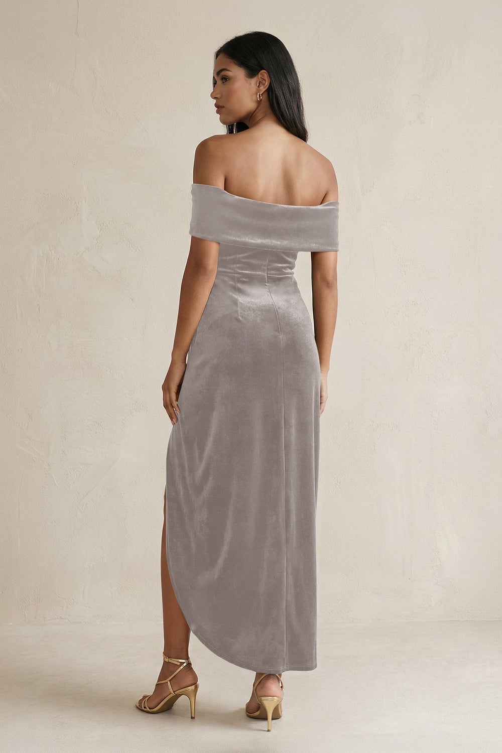 Off - the - Shoulder Sheath Velvet Midi Bridesmaid Dress in Silver - KissProm Bridesmaid Dresses
