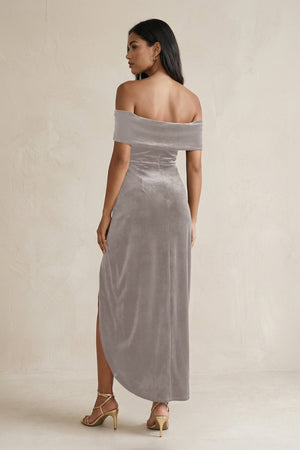 Off - the - Shoulder Sheath Velvet Midi Bridesmaid Dress in Silver - KissProm Bridesmaid Dresses