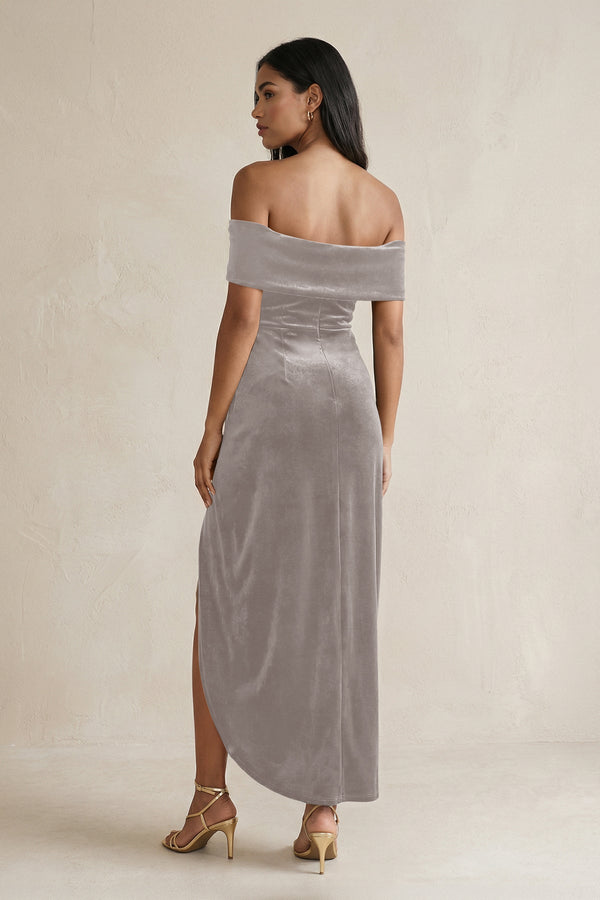 KissProm | Off-the-Shoulder Sheath Velvet Midi Bridesmaid Dress in Silver