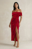 Off - the - Shoulder Sheath Velvet Midi Bridesmaid Dress in Spice - KissProm Bridesmaid Dresses