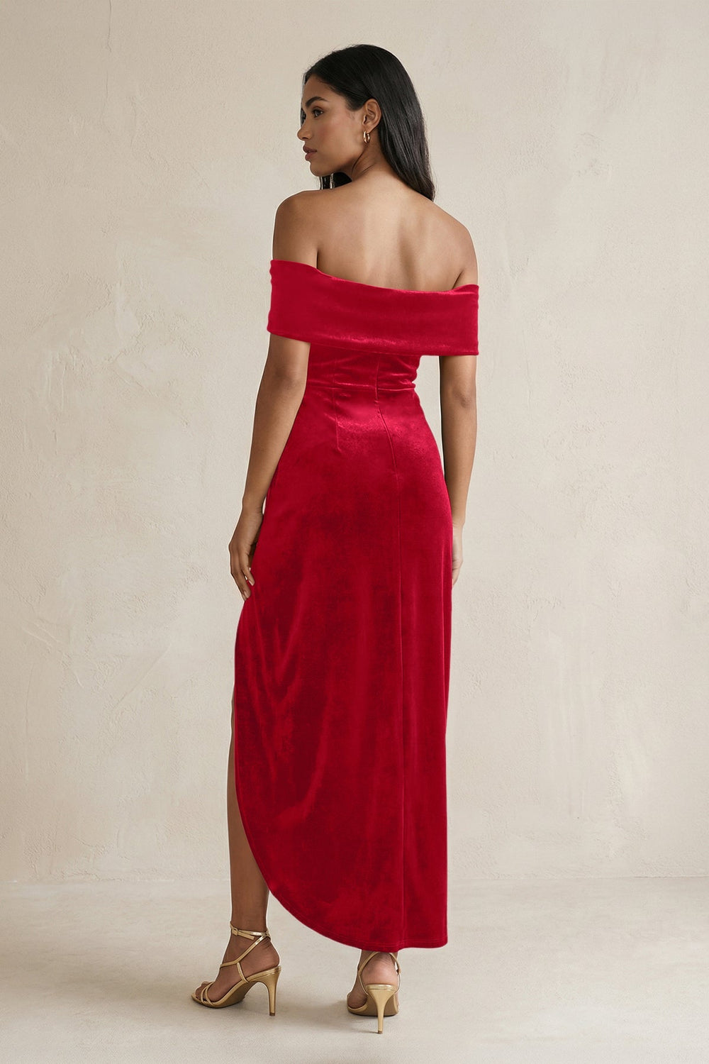 Off - the - Shoulder Sheath Velvet Midi Bridesmaid Dress in Spice - KissProm Bridesmaid Dresses