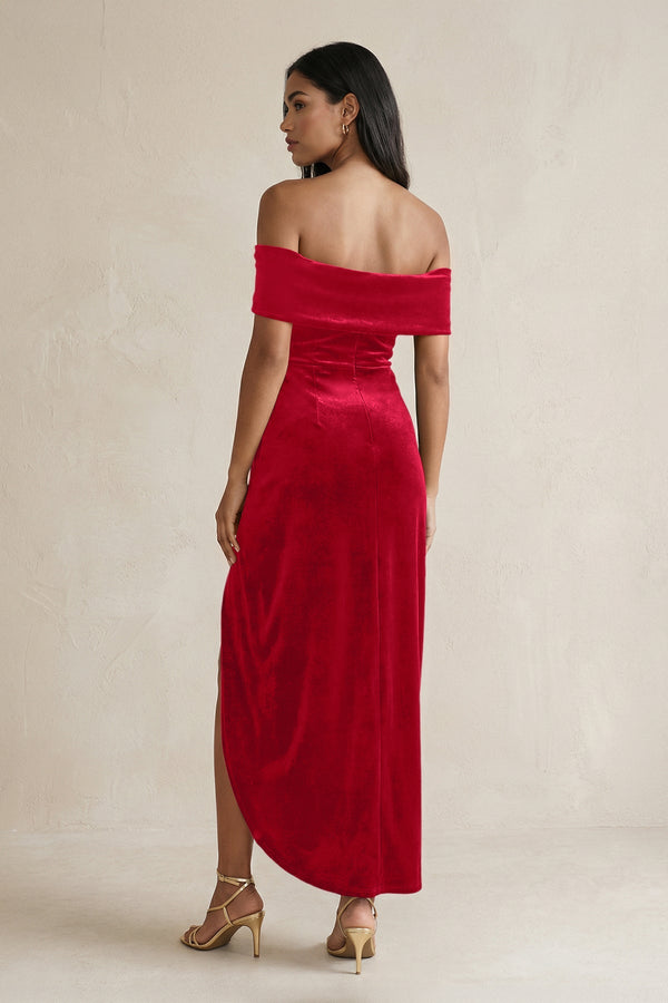 Off - the - Shoulder Sheath Velvet Midi Bridesmaid Dress in Spice - KissProm Bridesmaid Dresses