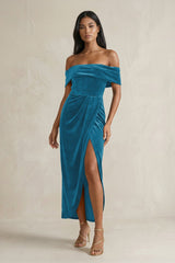 Off - the - Shoulder Sheath Velvet Midi Bridesmaid Dress in Steel Blue - KissProm Bridesmaid Dresses