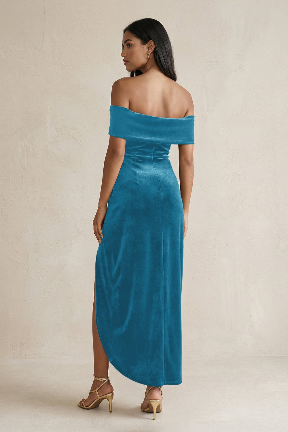 Off - the - Shoulder Sheath Velvet Midi Bridesmaid Dress in Steel Blue - KissProm Bridesmaid Dresses