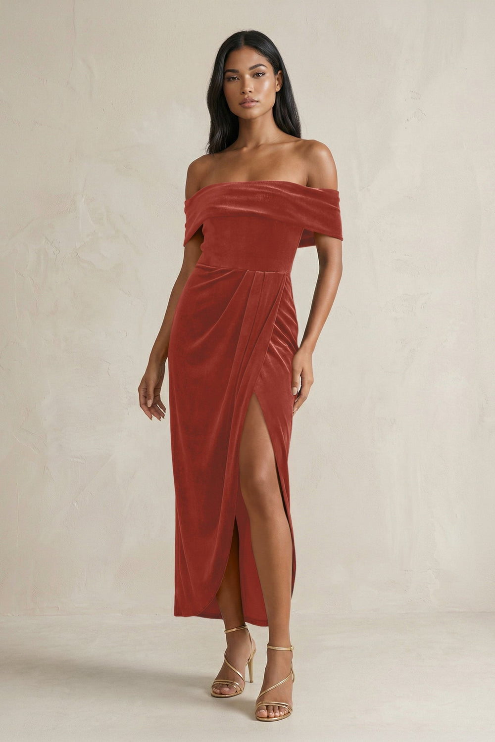 Off - the - Shoulder Sheath Velvet Midi Bridesmaid Dress in Terracotta - KissProm Bridesmaid Dresses