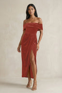 Off - the - Shoulder Sheath Velvet Midi Bridesmaid Dress in Terracotta - KissProm Bridesmaid Dresses