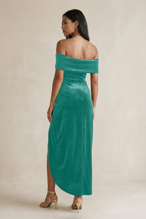 KissProm | Off-the-Shoulder Sheath Velvet Midi Bridesmaid Dress in Turquoise KissProm | Off-the-Shoulder Sheath Velvet Midi Bridesmaid Dress in Turquoise