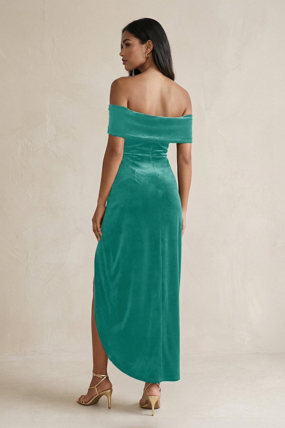Off - the - Shoulder Sheath Velvet Midi Bridesmaid Dress in Turquoise - KissProm Bridesmaid Dresses