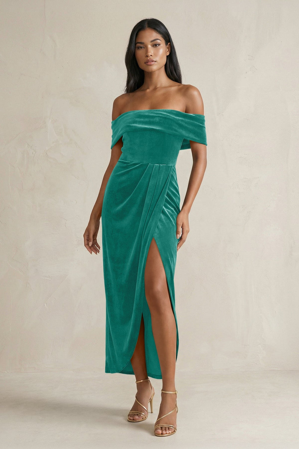 Off - the - Shoulder Sheath Velvet Midi Bridesmaid Dress in Turquoise - KissProm Bridesmaid Dresses