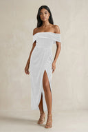 Off - the - Shoulder Sheath Velvet Midi Bridesmaid Dress in White - KissProm Bridesmaid Dresses