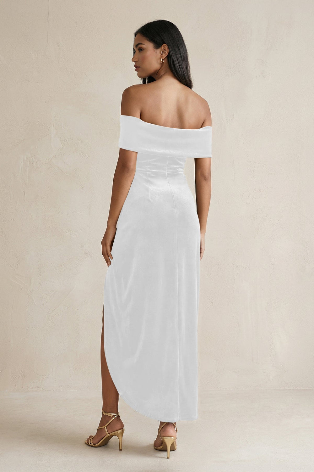 Off - the - Shoulder Sheath Velvet Midi Bridesmaid Dress in White - KissProm Bridesmaid Dresses