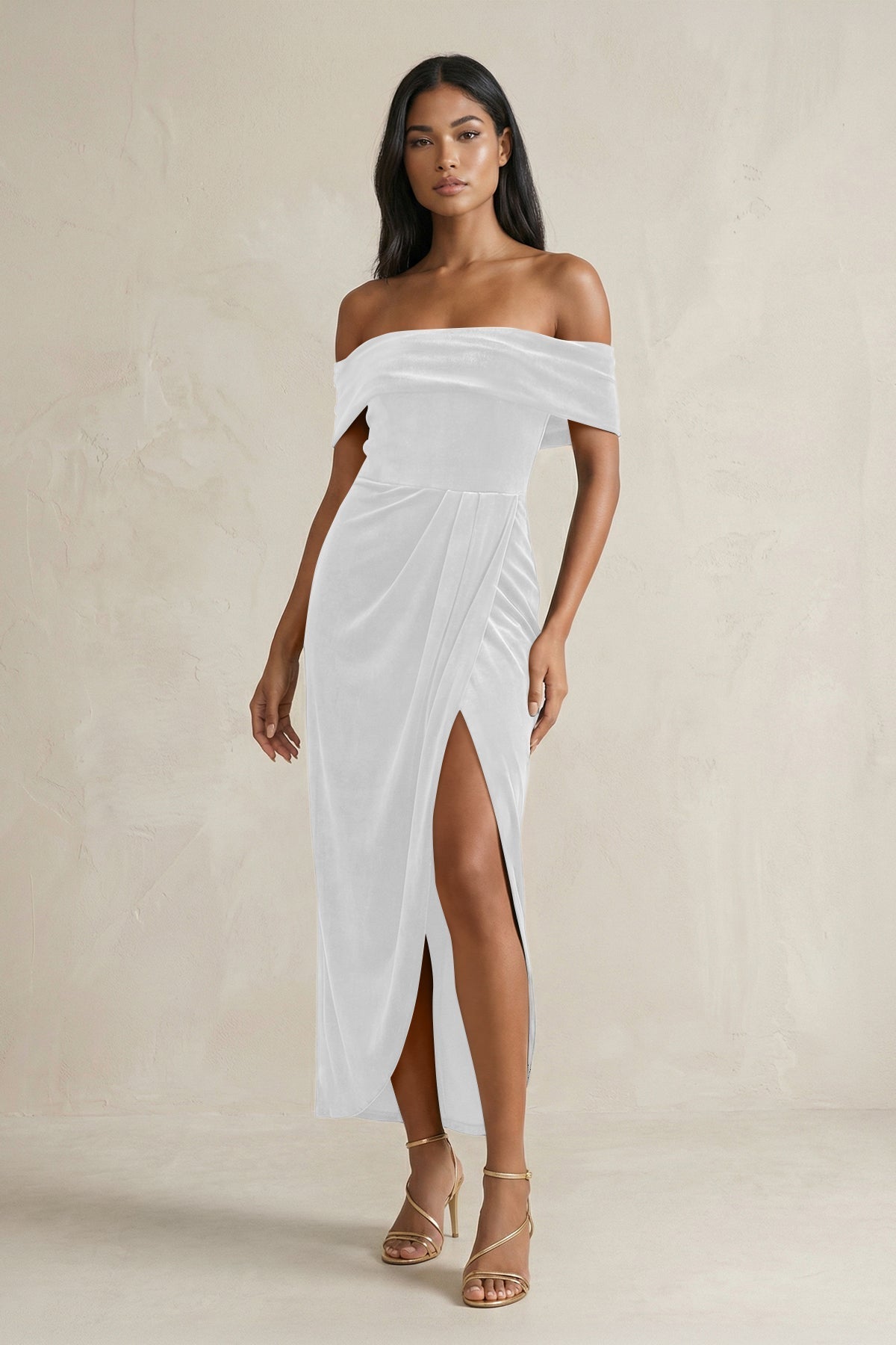 KissProm Off-the-Shoulder Sheath Velvet Midi Bridesmaid Dress in White, White / Custom Size( Free )