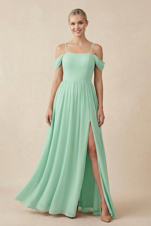 Off-the-Shoulder Sweetheart A-Line Chiffon Bridesmaid Dress in Pale Pistachio - KissProm BRIDESMAID DRESSES