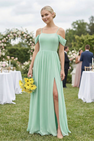 Off-the-Shoulder Sweetheart A-Line Chiffon Bridesmaid Dress in Pale Pistachio - KissProm BRIDESMAID DRESSES