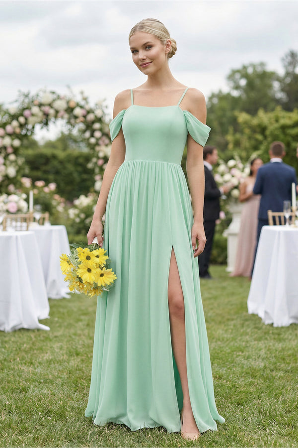 Off-the-Shoulder Sweetheart A-Line Chiffon Bridesmaid Dress in Pale Pistachio - KissProm BRIDESMAID DRESSES