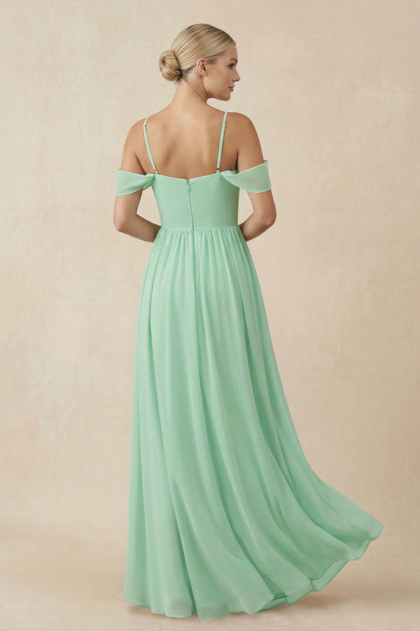 Off-the-Shoulder Sweetheart A-Line Chiffon Bridesmaid Dress in Pale Pistachio - KissProm BRIDESMAID DRESSES