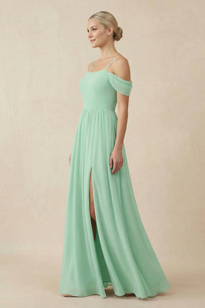 Off-the-Shoulder Sweetheart A-Line Chiffon Bridesmaid Dress in Pale Pistachio - KissProm BRIDESMAID DRESSES
