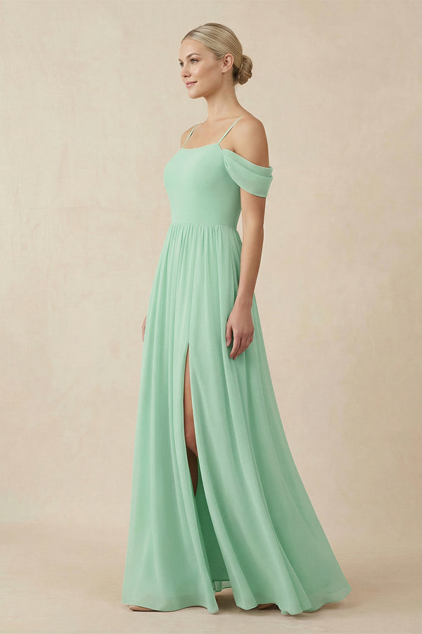 Off-the-Shoulder Sweetheart A-Line Chiffon Bridesmaid Dress in Pale Pistachio - KissProm BRIDESMAID DRESSES