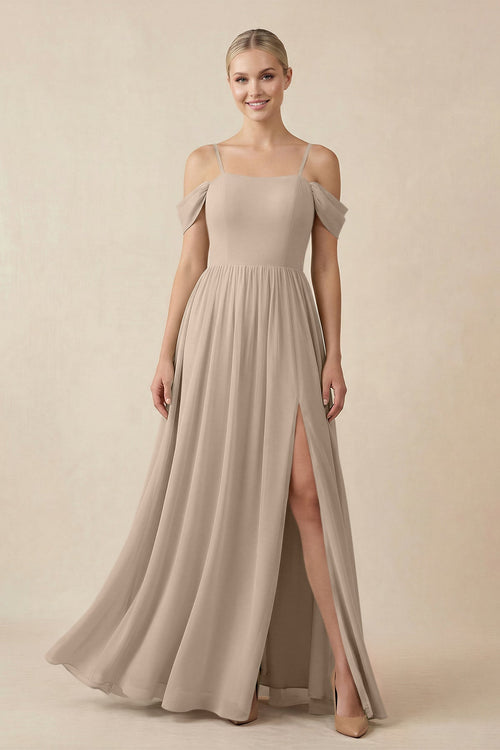 Off - the - Shoulder Sweetheart A - Line Chiffon Bridesmaid Dress in Almond - KissProm Bridesmaid Dresses