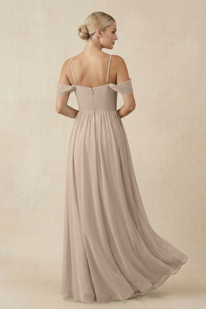 Off - the - Shoulder Sweetheart A - Line Chiffon Bridesmaid Dress in Almond - KissProm Bridesmaid Dresses