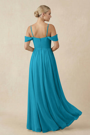 Off - the - Shoulder Sweetheart A - Line Chiffon Bridesmaid Dress in Blue Jay - KissProm Bridesmaid Dresses