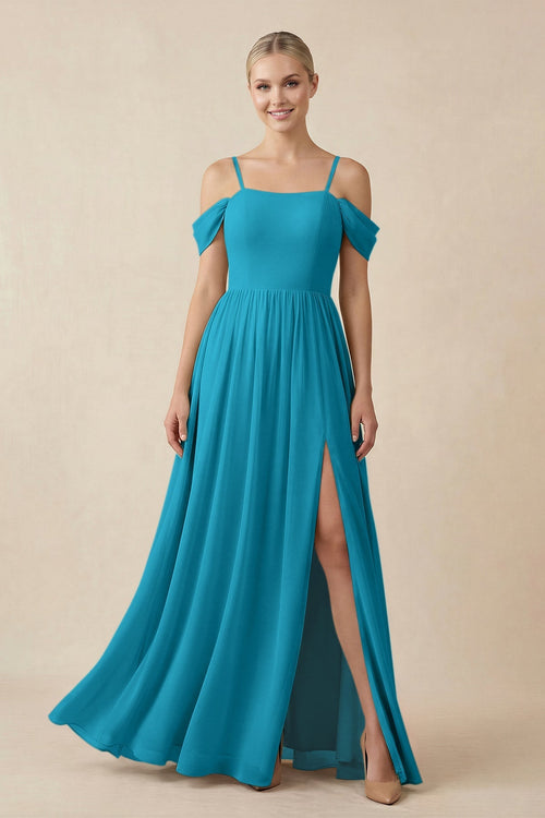 Off - the - Shoulder Sweetheart A - Line Chiffon Bridesmaid Dress in Blue Jay - KissProm Bridesmaid Dresses