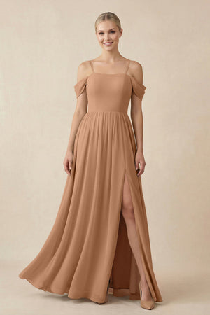 Off - the - Shoulder Sweetheart A - Line Chiffon Bridesmaid Dress in Bronzer - KissProm Bridesmaid Dresses