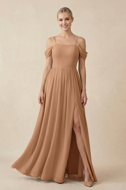 Off - the - Shoulder Sweetheart A - Line Chiffon Bridesmaid Dress in Bronzer - KissProm Bridesmaid Dresses