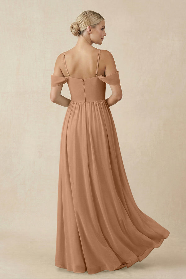 Off - the - Shoulder Sweetheart A - Line Chiffon Bridesmaid Dress in Bronzer - KissProm Bridesmaid Dresses