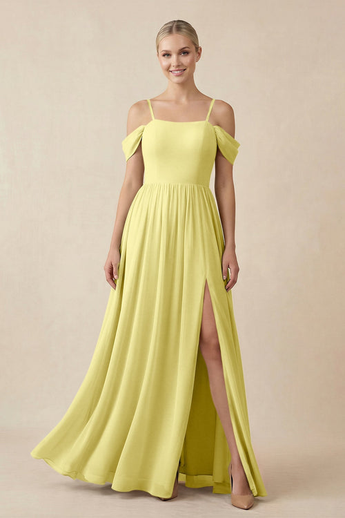 Off - the - Shoulder Sweetheart A - Line Chiffon Bridesmaid Dress in Buttercup - KissProm Bridesmaid Dresses