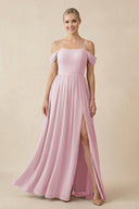 Off - the - Shoulder Sweetheart A - Line Chiffon Bridesmaid Dress in Candy Pink - KissProm Bridesmaid Dresses