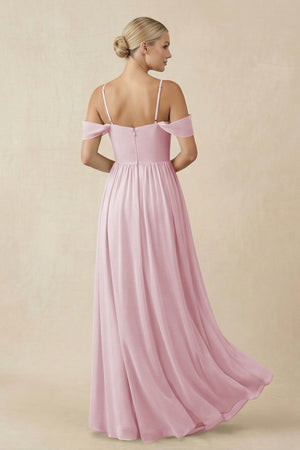 Off - the - Shoulder Sweetheart A - Line Chiffon Bridesmaid Dress in Candy Pink - KissProm Bridesmaid Dresses